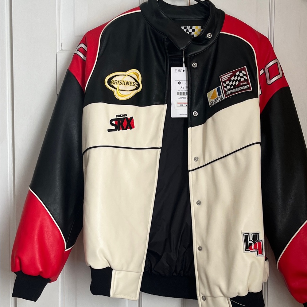 Bershka Women's Racing Bomber Jacket - Red, Black, Cream